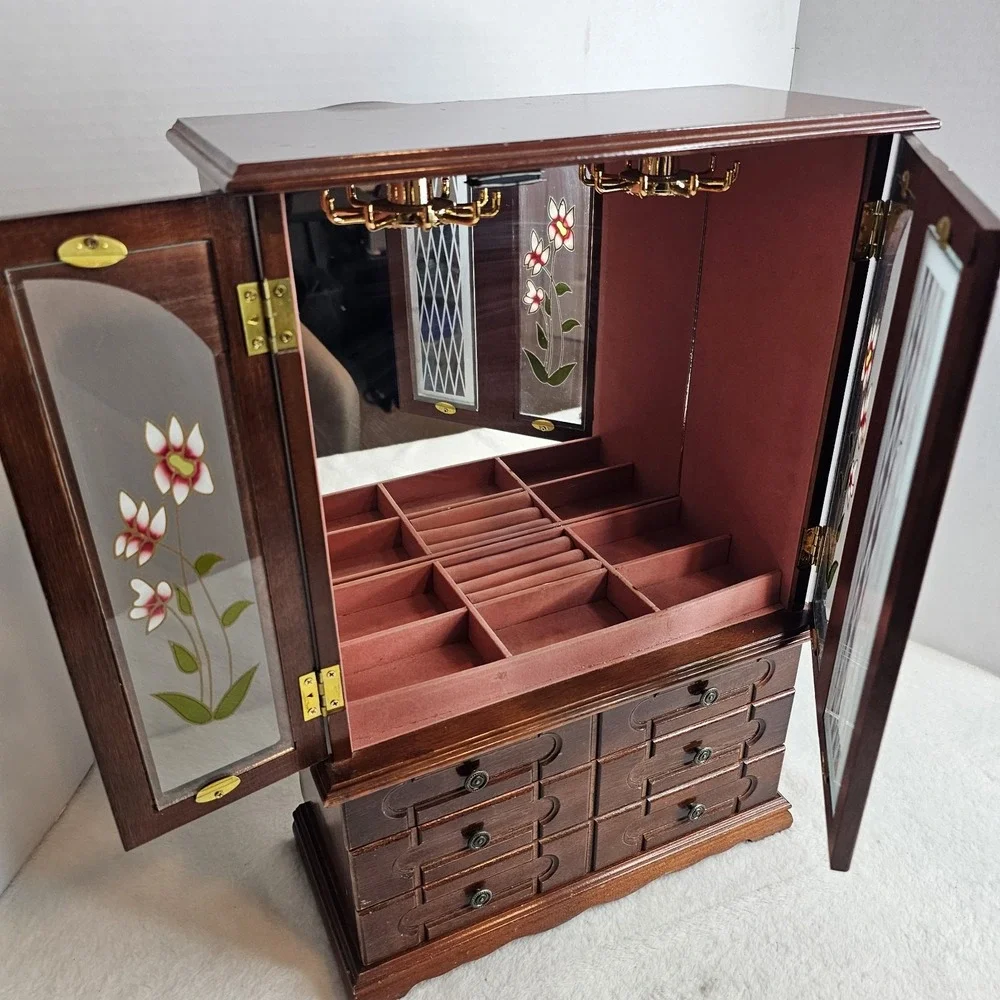 Vintage Wood 2 Door Jewelry Box Armoire Style Cabinet w Mirror Organizer Drawers